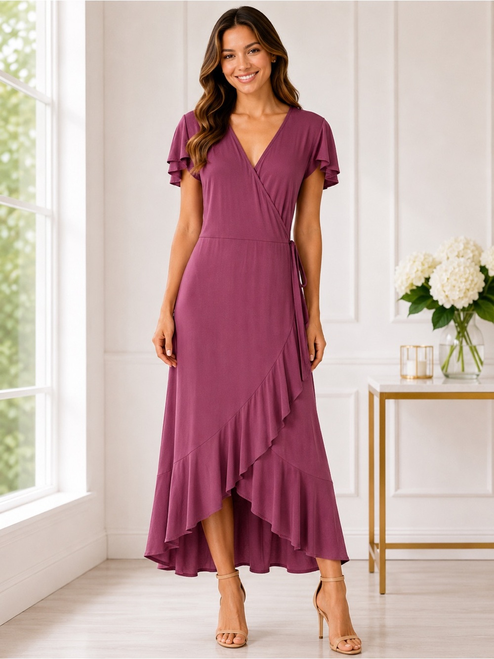Juicy Couture Mauve Pink Faux Wrap Midi Dress V-Neck Ruffle Hem Romantic NWT M